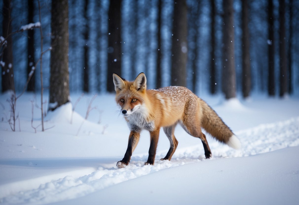 A fox trots through a snowy forest at night, leaving tracks in the fresh snow