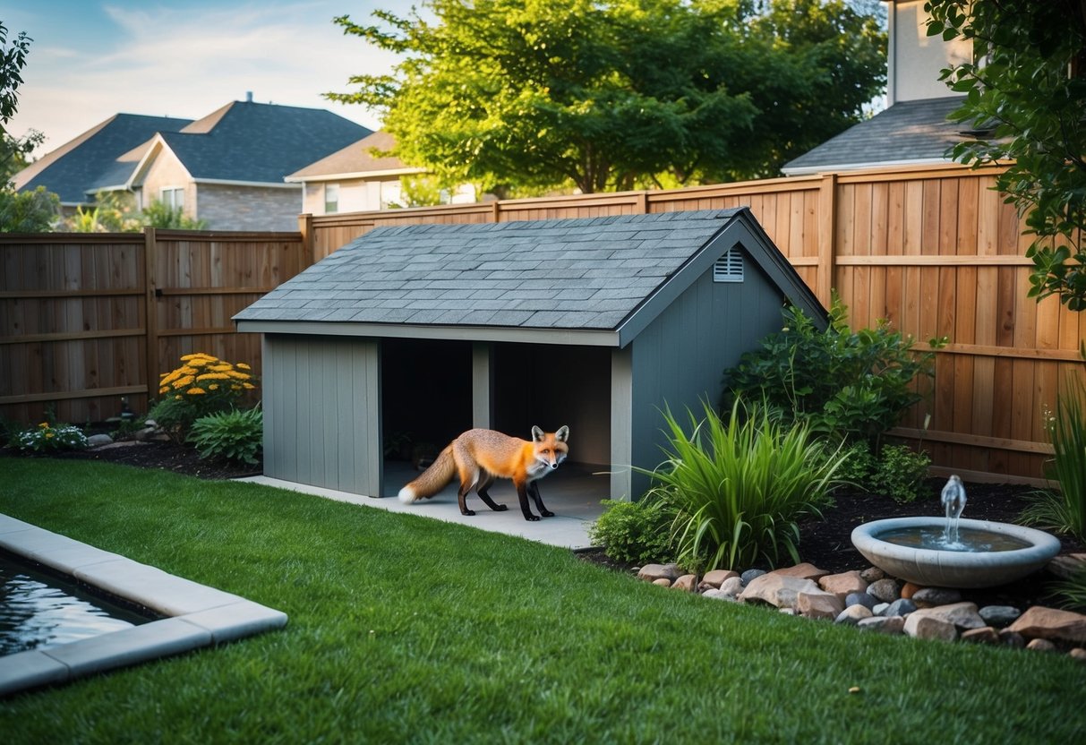 A suburban backyard with a fox den under a shed, surrounded by lush greenery and a small water feature