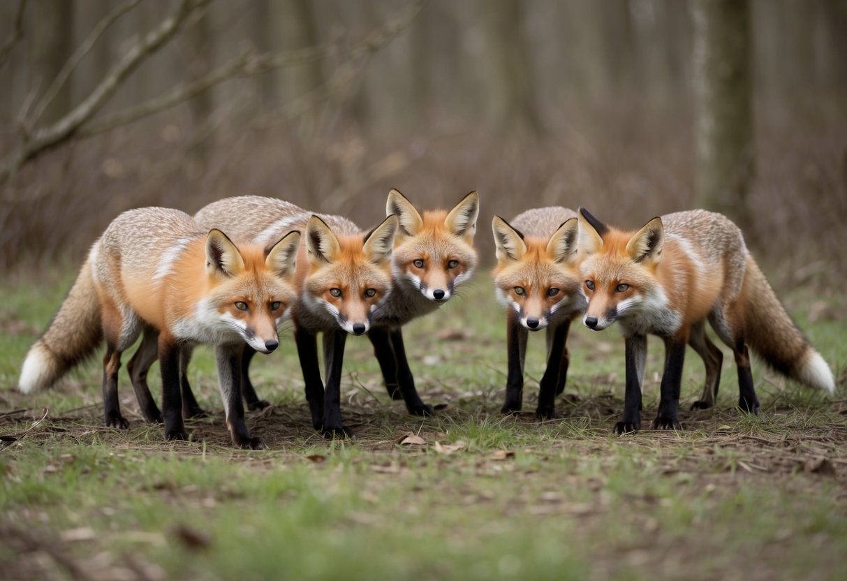 A group of foxes roam through the forest, sniffing and marking their territory. They communicate through body language and vocalizations, occasionally pausing to interact with each other