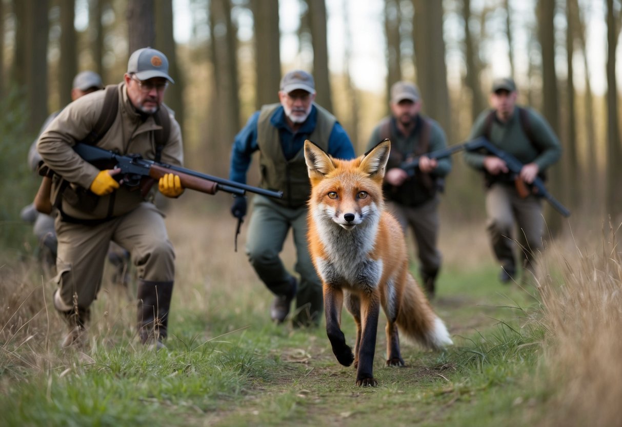 A fox slyly outwits a group of hunters, cunningly leading them on a wild chase through the forest