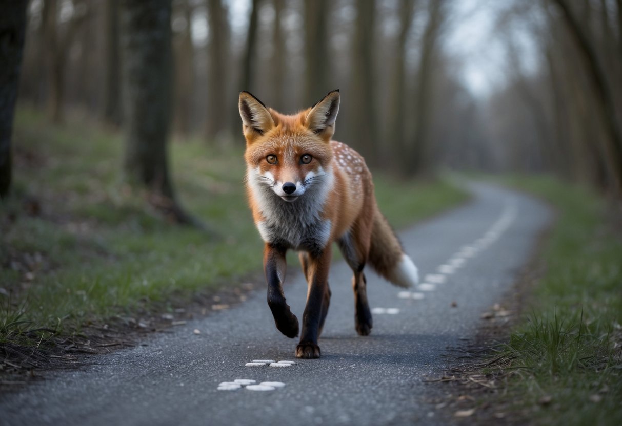 A fox trots along a moonlit path, its paw prints marking the familiar route through the tranquil forest