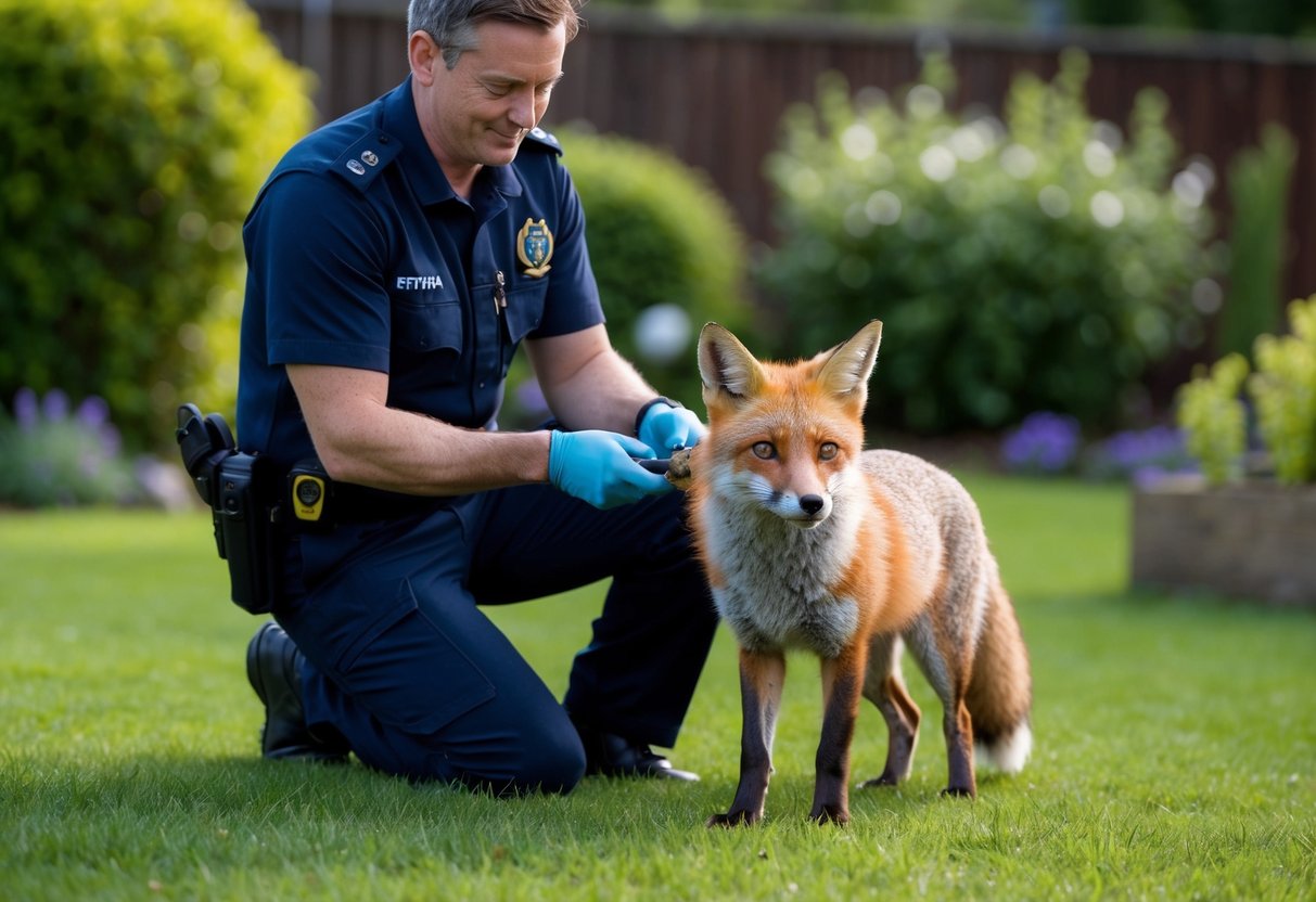 A fox is being gently captured by an rspca officer in a garden setting