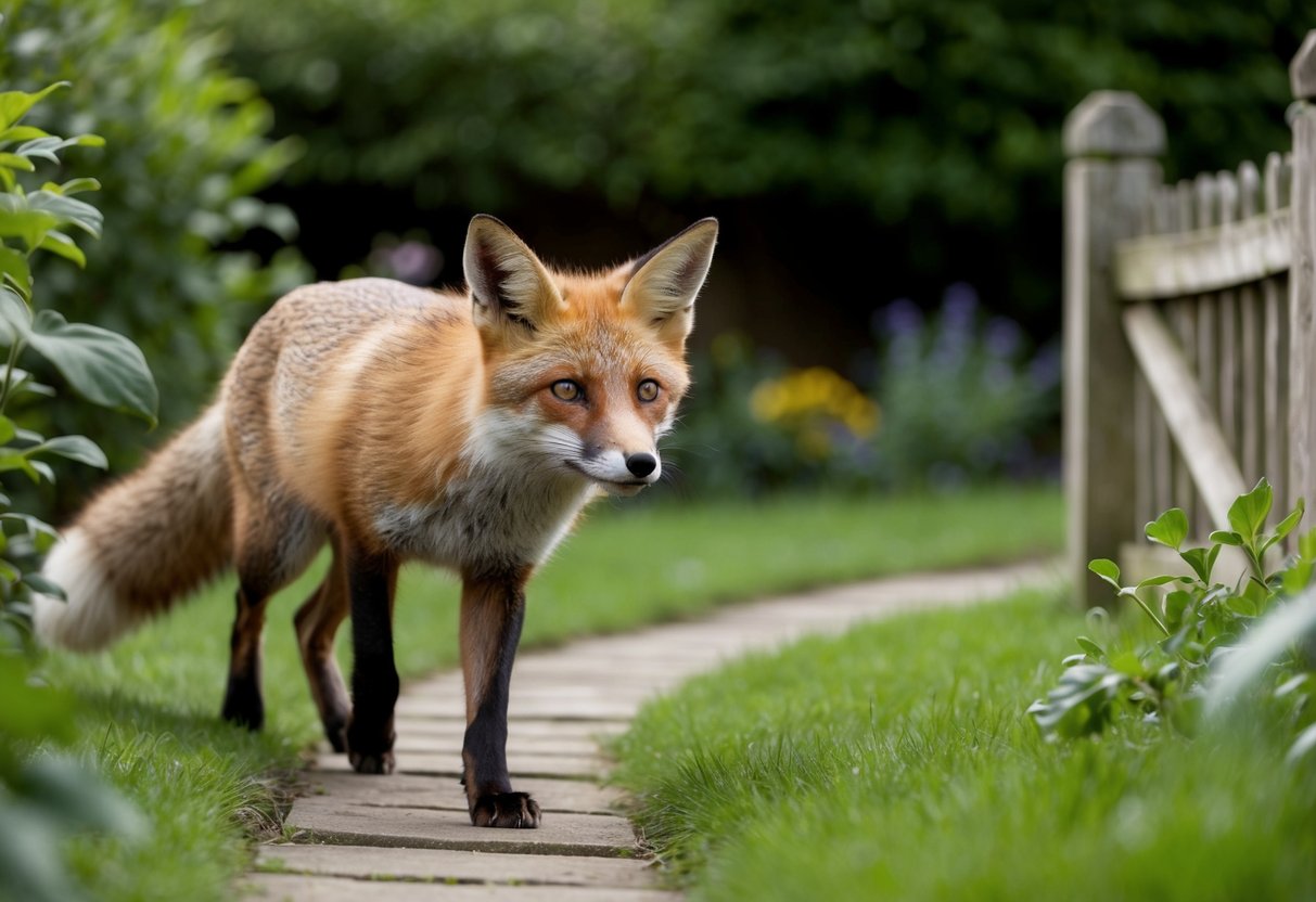 A fox cautiously approaches a garden in the UK, its ears perked and eyes alert. The lush greenery and a quaint wooden fence provide a peaceful backdrop