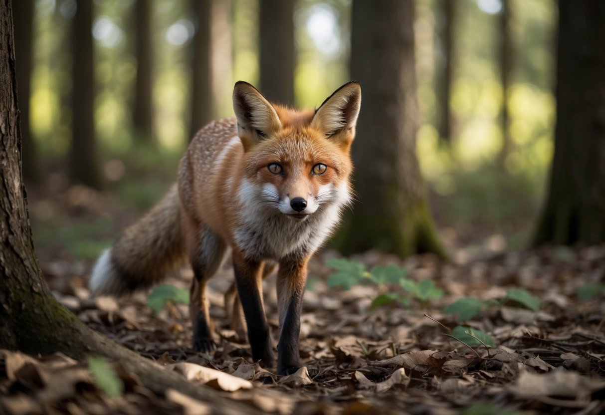A fox cautiously prowls through a dense forest, its ears perked and eyes alert, blending seamlessly with the dappled sunlight and fallen leaves