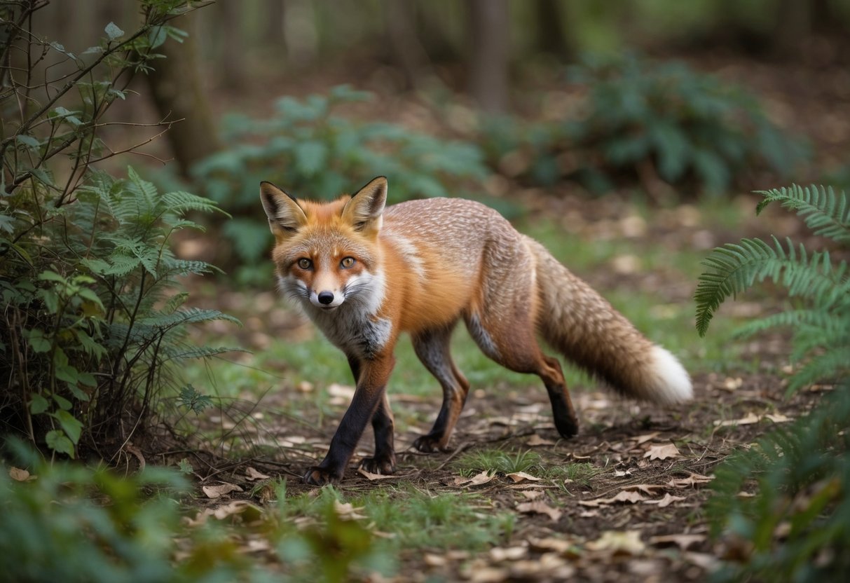 A fox cautiously approaches a woodland clearing, ears perked and tail held low. Surrounding vegetation includes brambles, ferns, and fallen leaves