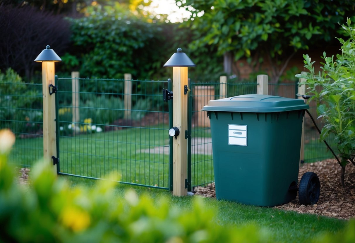A garden with secure fencing, motion-activated lights, and a locked compost bin to prevent fox intrusions