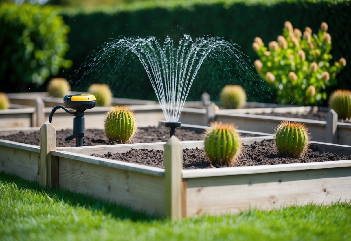 A garden with raised beds, surrounded by a low fence topped with prickly plants. A motion-activated water sprinkler is set up to deter foxes
