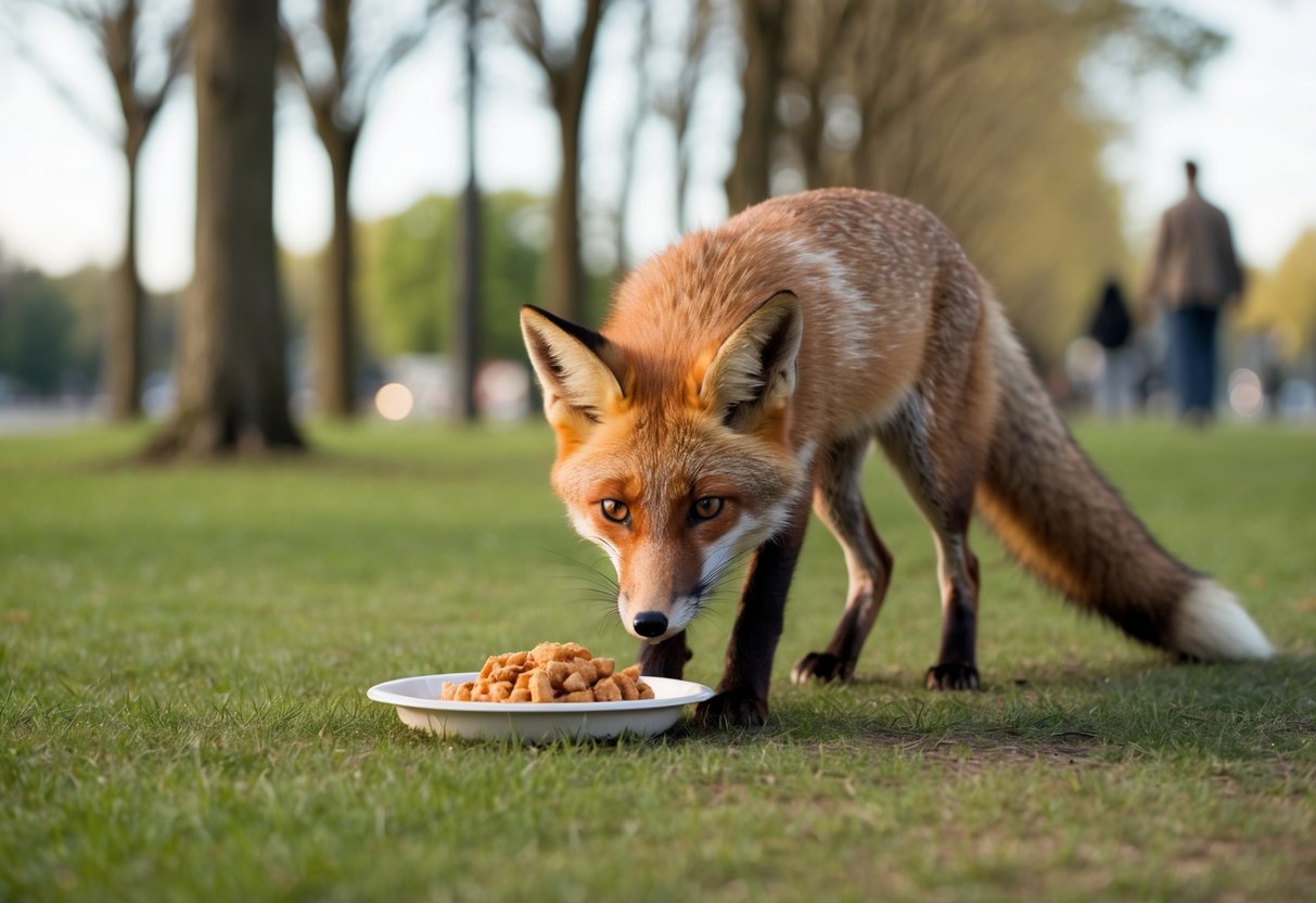 A fox cautiously approaching a person's discarded food in a park