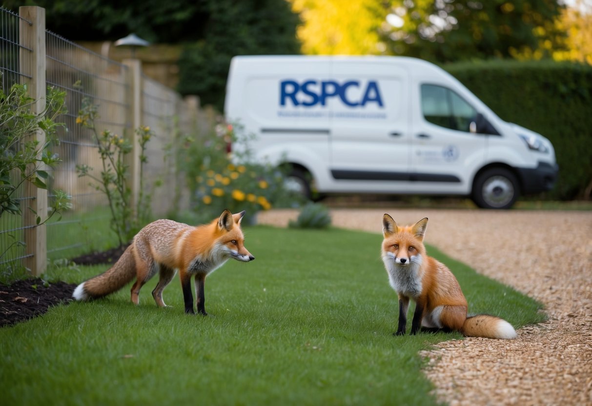 A garden with a fox near a fence, RSPCA van in the background
