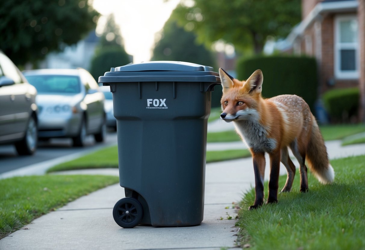 A fox cautiously approaches a trash can in a suburban neighborhood, its ears perked and eyes alert