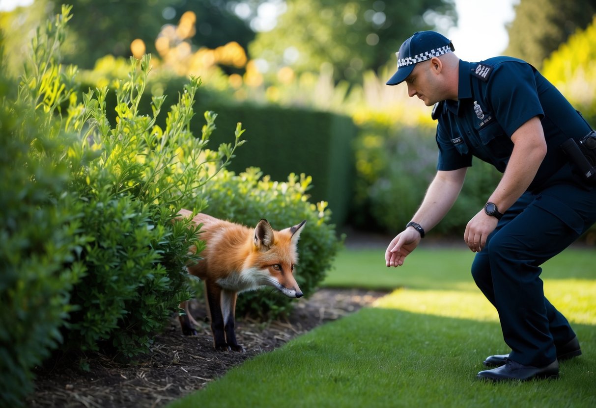 A garden with a fox hiding among bushes, while an rspca officer approaches cautiously