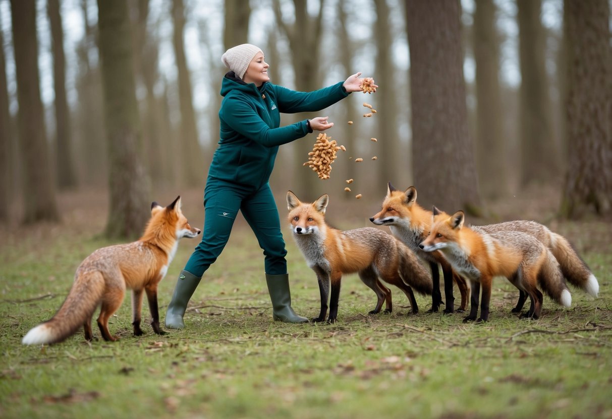 A person tossing food to a group of foxes in a forest clearing