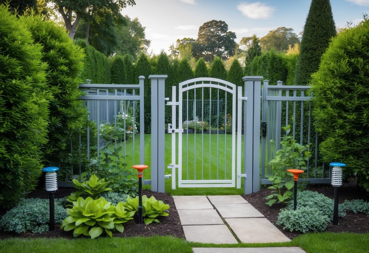 A garden with a sturdy fence and secure gates, surrounded by tall bushes and dense foliage, with scattered deterrents like motion-activated sprinklers and noise-making devices
