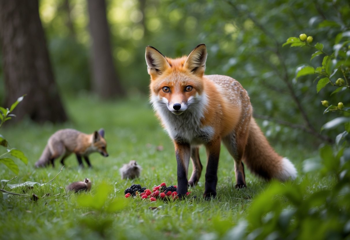 A fox surrounded by a variety of scents - berries, small animals, and insects - in a lush, wooded area