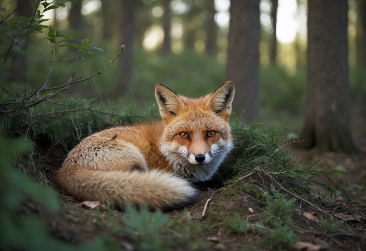 A fox rests in a cozy den hidden among the thick underbrush of a forest during the day