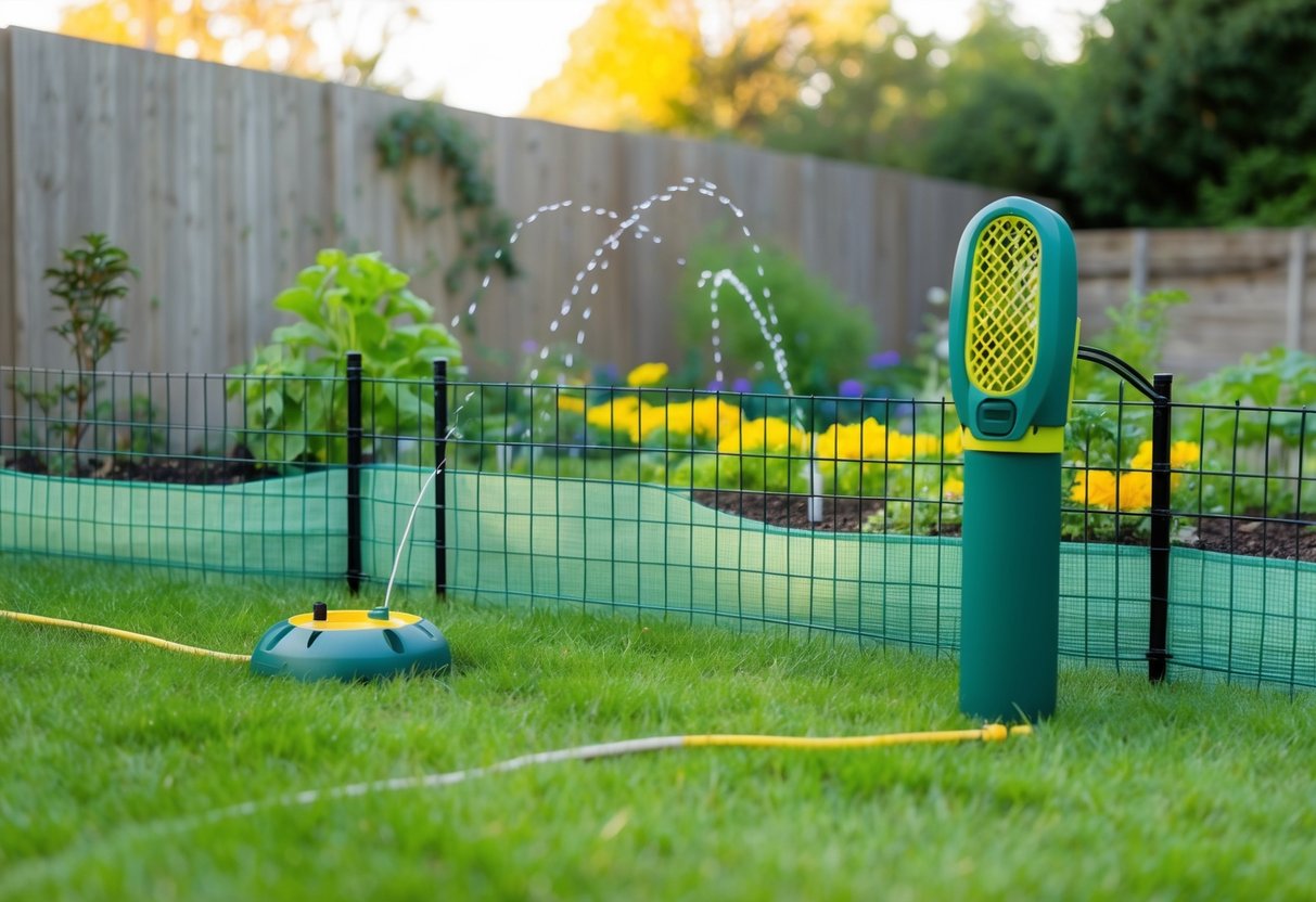 A garden with raised fences, motion-activated sprinklers, and mesh covers over vulnerable plants. A fox repellent device emits a high-pitched sound