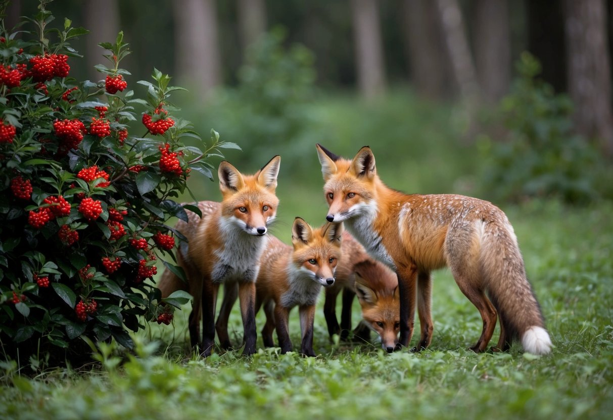 A family of foxes congregates around a lush berry bush in a dense forest clearing. The vibrant red fruit catches their attention as they forage for food