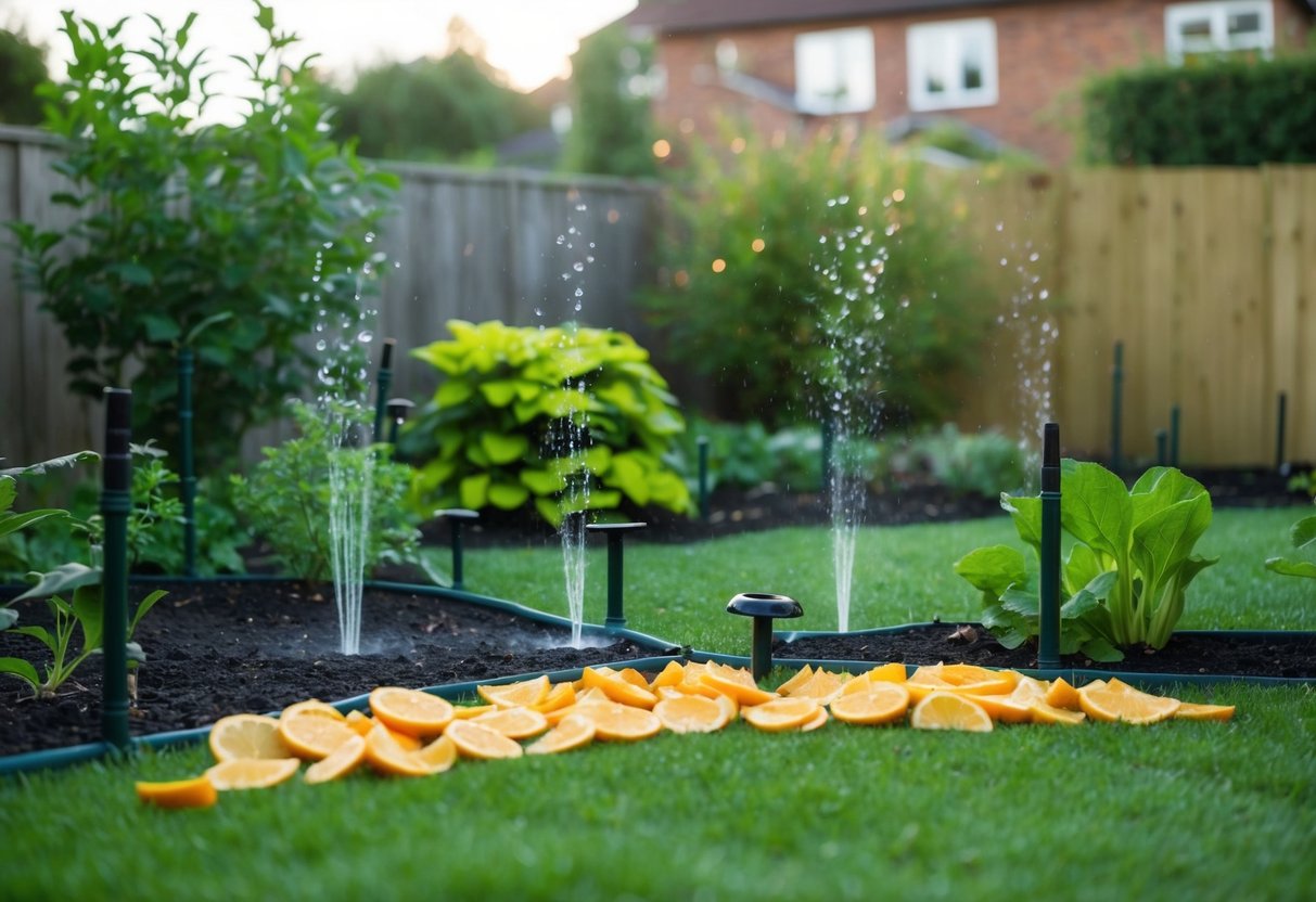 A garden with a mix of natural and commercial repellents, including fences, motion-activated sprinklers, and citrus peels scattered around the perimeter to deter foxes