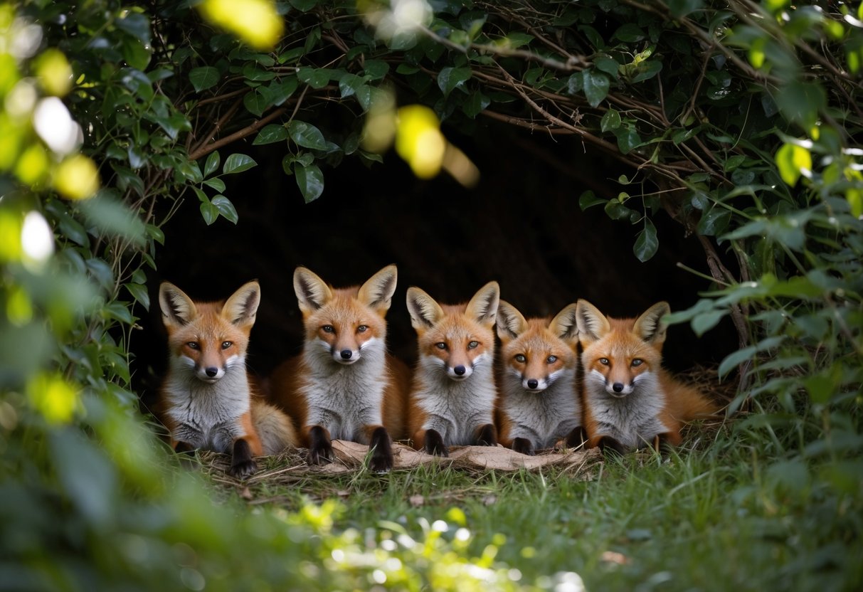 A family of foxes lounging in a cozy den hidden within a thicket of bushes, surrounded by dappled sunlight filtering through the leaves