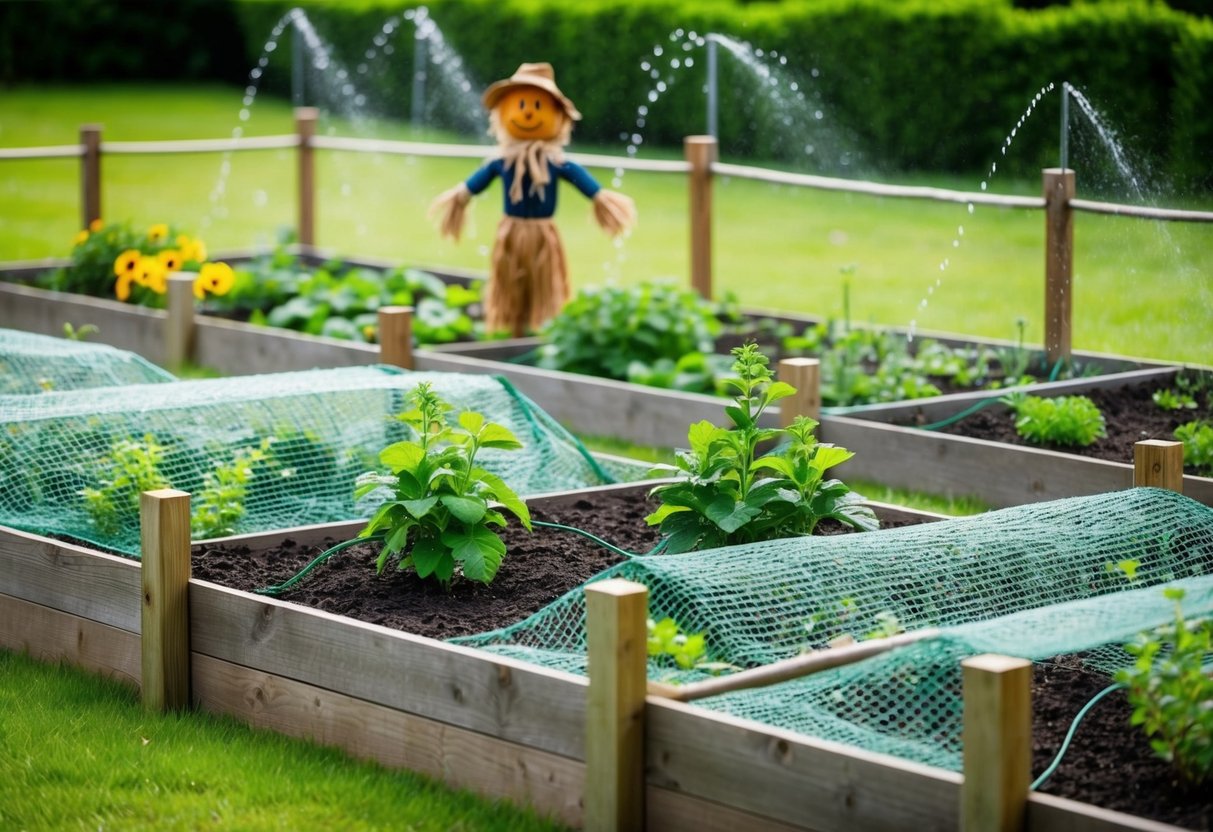 A garden with raised fences, motion-activated sprinklers, and mesh netting covering vulnerable plants. A scarecrow stands in the center
