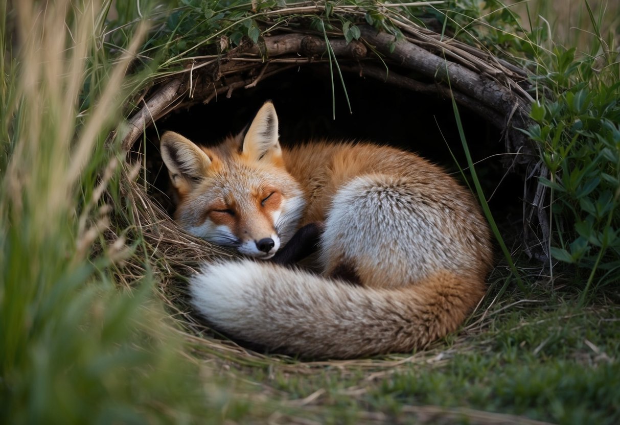 A fox curls up in a cozy den hidden among the tall grass and bushes, resting peacefully during the daylight hours