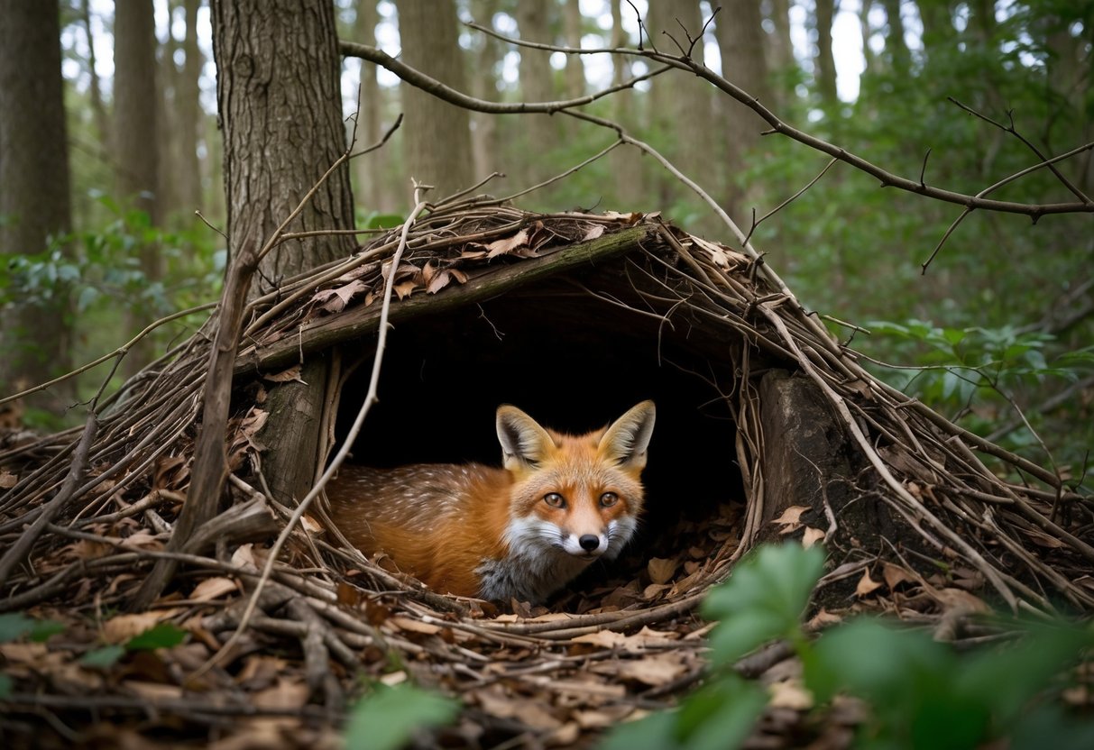 A fox den hidden in a dense thicket, with a cozy interior lined with leaves and twigs. The entrance is partially concealed by overhanging branches