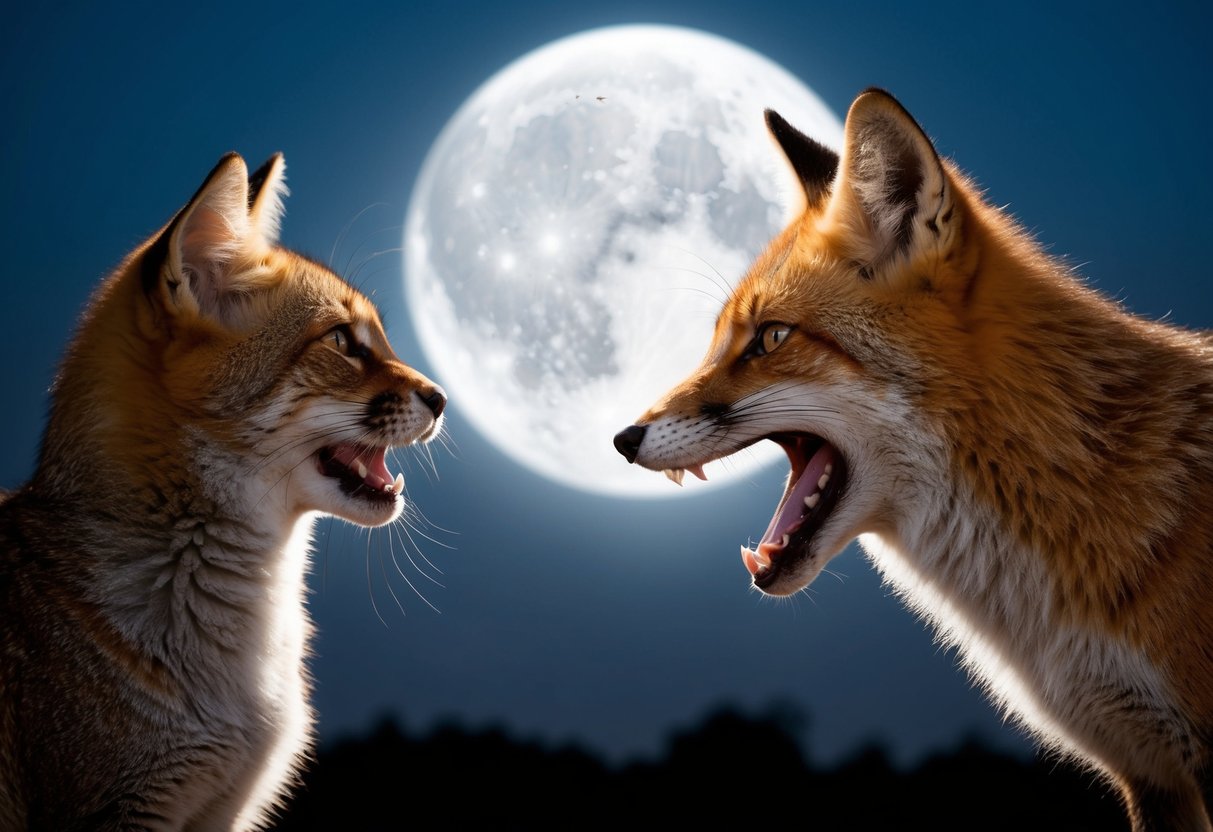 A fox faces off with a cat under the moonlight, its mouth open in a silent scream