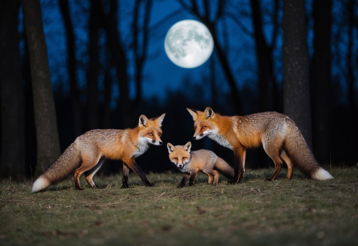 A fox family emerges from the shadows, exploring the moonlit forest