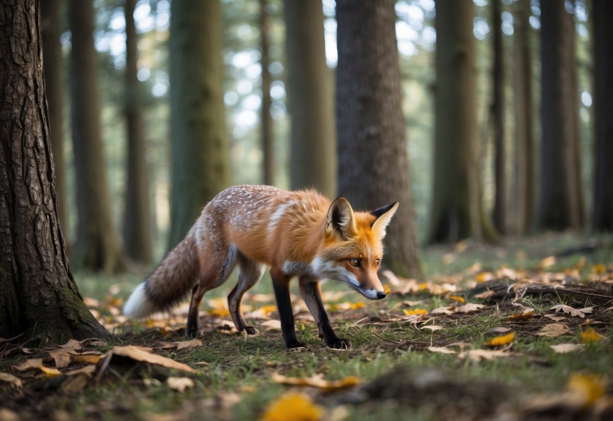 A fox roaming through a dense forest, pausing to sniff at the ground and listen for prey, surrounded by tall trees and fallen leaves