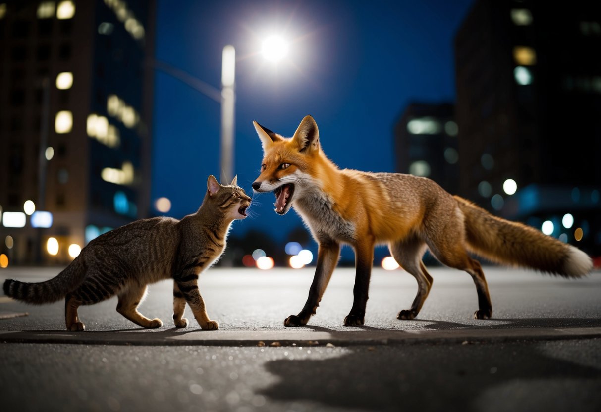 A sleek urban fox screams at a startled cat under the glow of a streetlight, surrounded by the shadows of the city at night