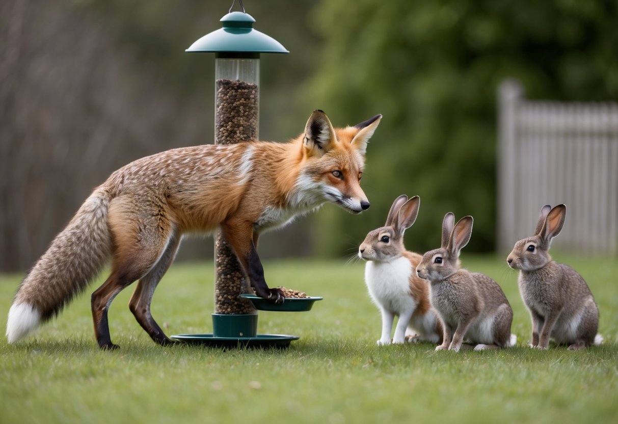 A fox cautiously approaches a bird feeder, while a family of rabbits watches from a safe distance
