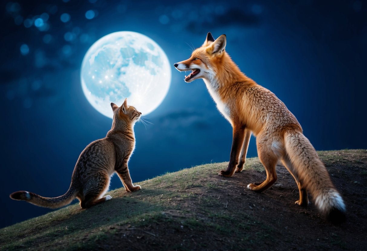 A fox standing on a moonlit hill, facing off against a startled cat, emitting a piercing scream into the night sky