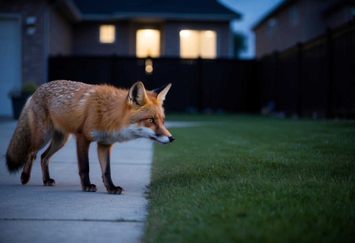 A fox cautiously approaches a suburban backyard at night, sniffing the air and peering around for any signs of human activity