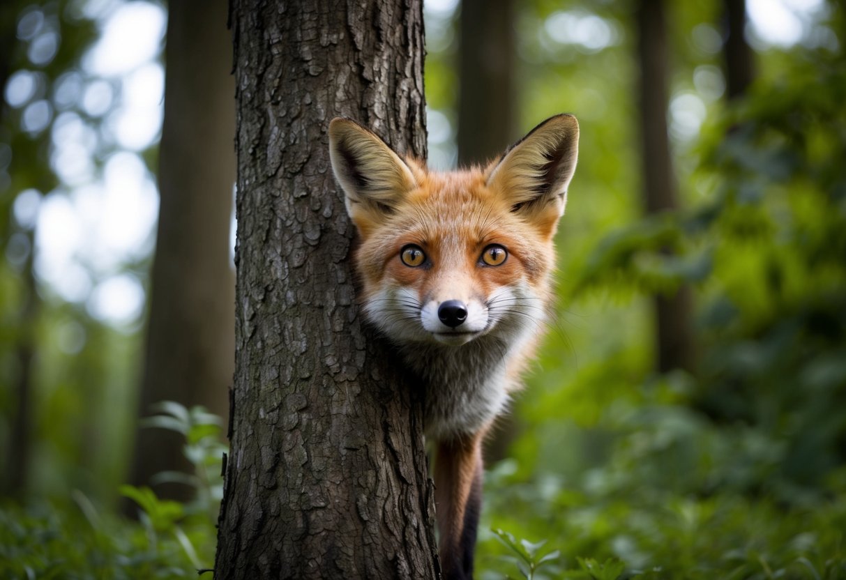 A fox cautiously peeks out from behind a tree, eyes wide with curiosity and ears perked up, surrounded by a lush forest setting