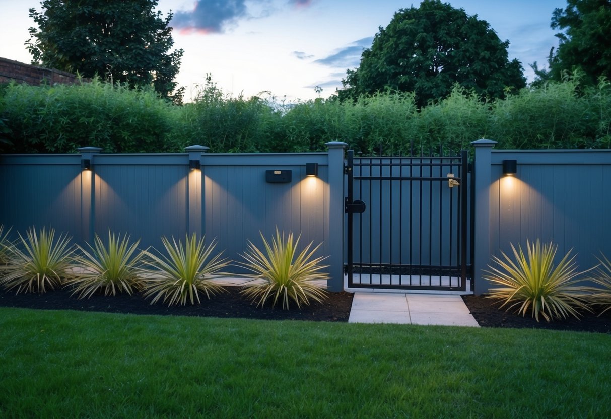 A tall fence surrounds a lush garden, with a locked gate and motion-activated lights. Spiky plants line the perimeter, deterring any curious foxes