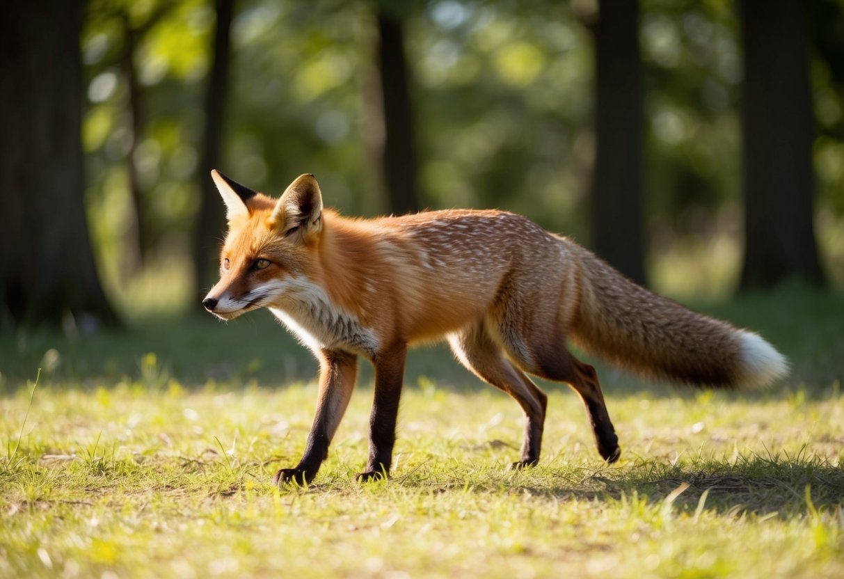 A fox trots through a sun-dappled forest clearing, its russet fur glowing in the golden light. The creature pauses to sniff the air, its sharp eyes scanning the surroundings