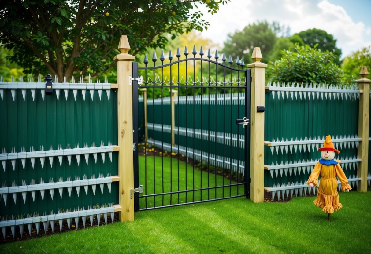 A garden surrounded by a tall fence with a locked gate. Spiked strips line the perimeter to deter foxes. Motion-activated lights and a scarecrow also protect the garden