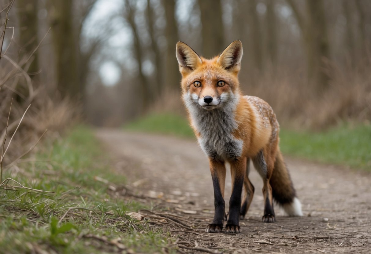 A fox cautiously watches from the edge of a wooded path, its ears perked and eyes focused ahead