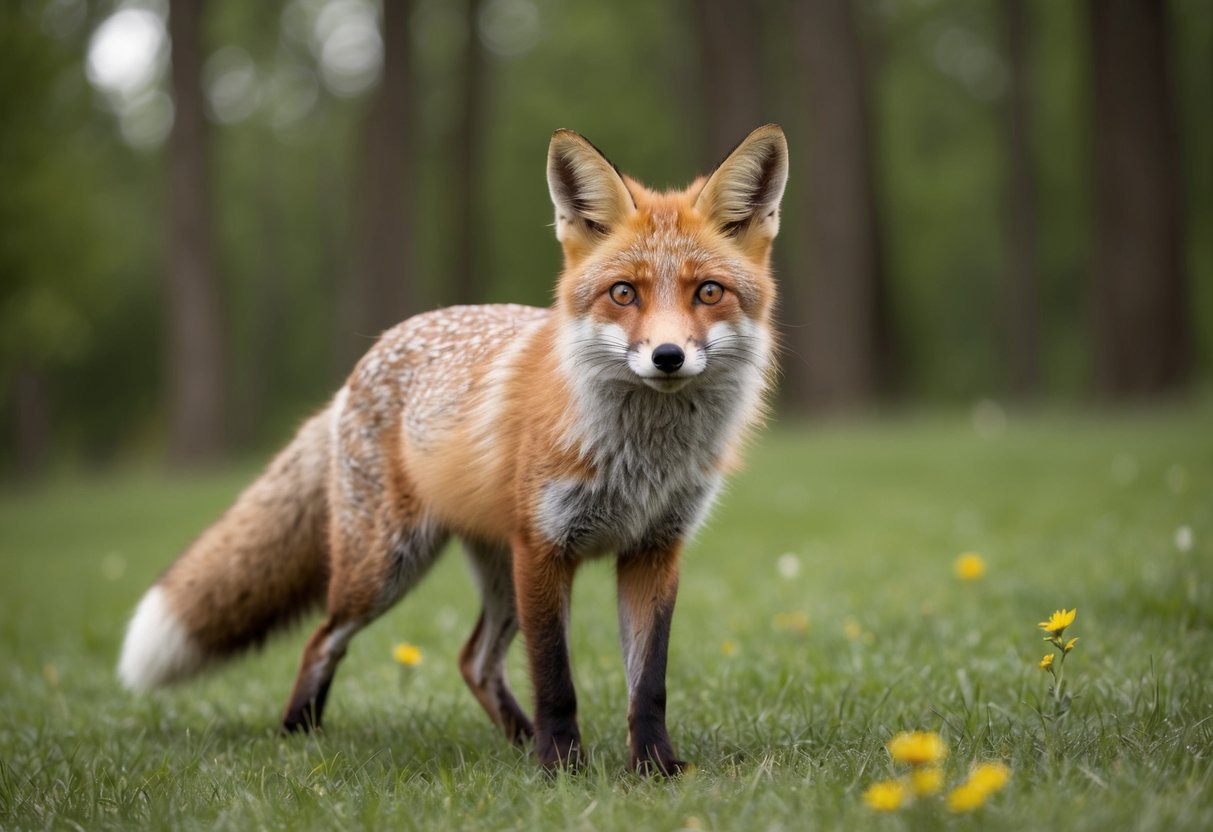A curious fox approaches, its bright eyes fixed on the observer, surrounded by a peaceful forest setting