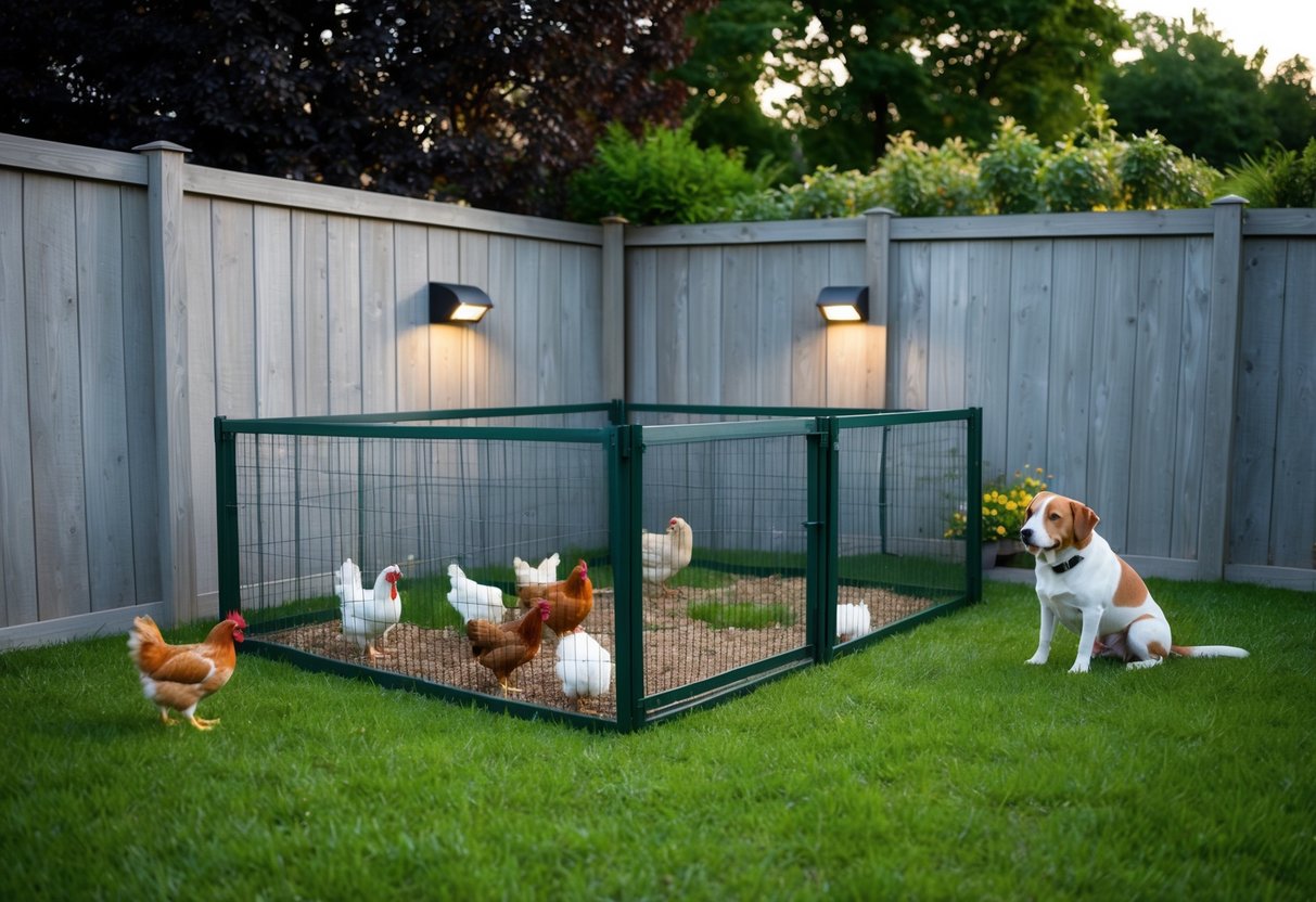 A sturdy fence surrounds a garden with chickens, rabbits, and a dog. Motion-activated lights and a secure coop keep foxes at bay