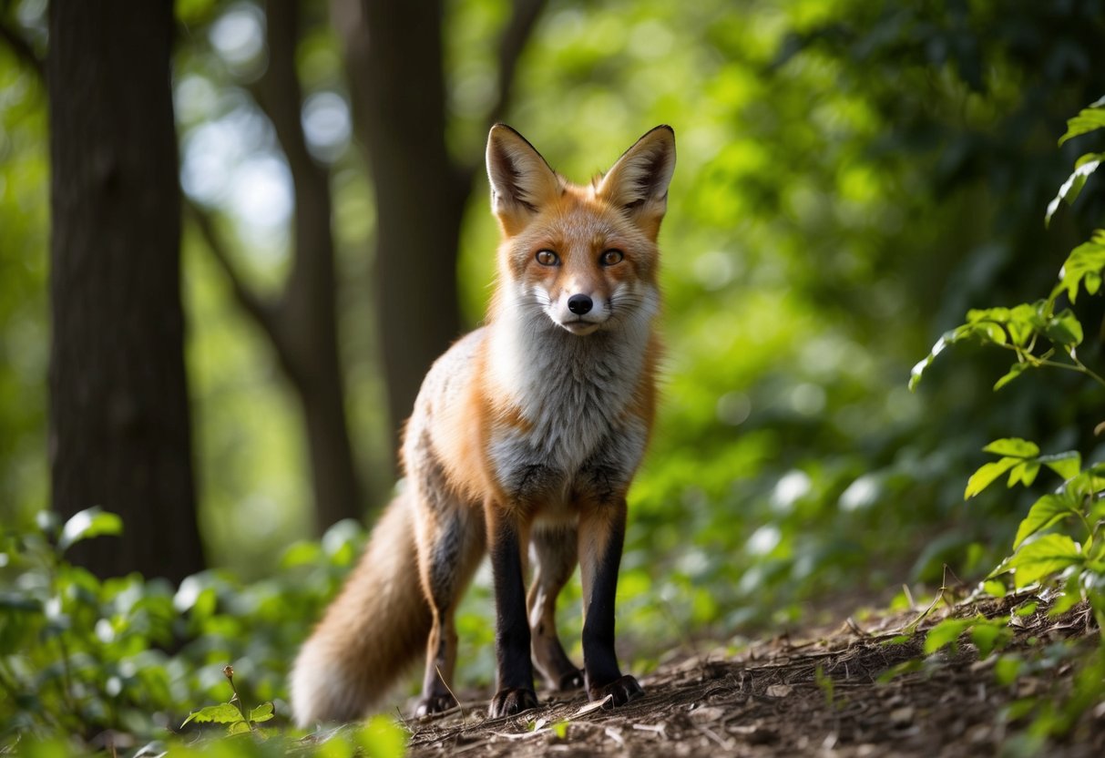 A fox standing alert in a wooded area, with its ears perked up and eyes focused, surrounded by lush greenery and dappled sunlight