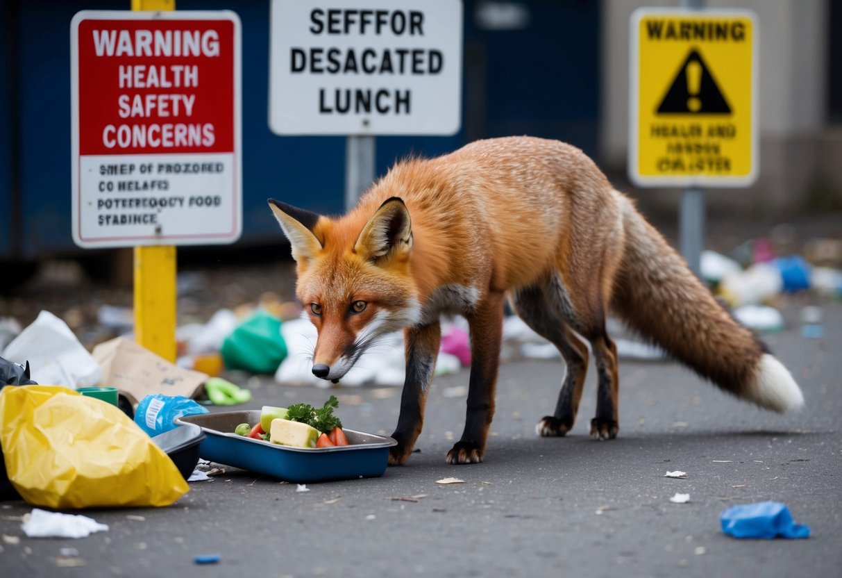 A fox cautiously approaches a discarded lunch, sniffing for potential food sources amidst scattered trash and signs warning of health and safety concerns