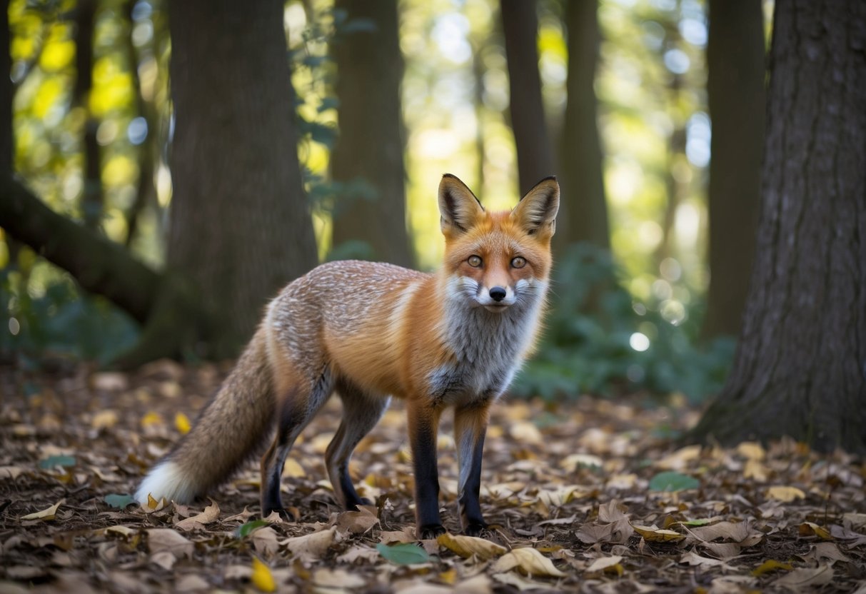 A fox standing in a wooded area, surrounded by fallen leaves and dappled sunlight filtering through the trees