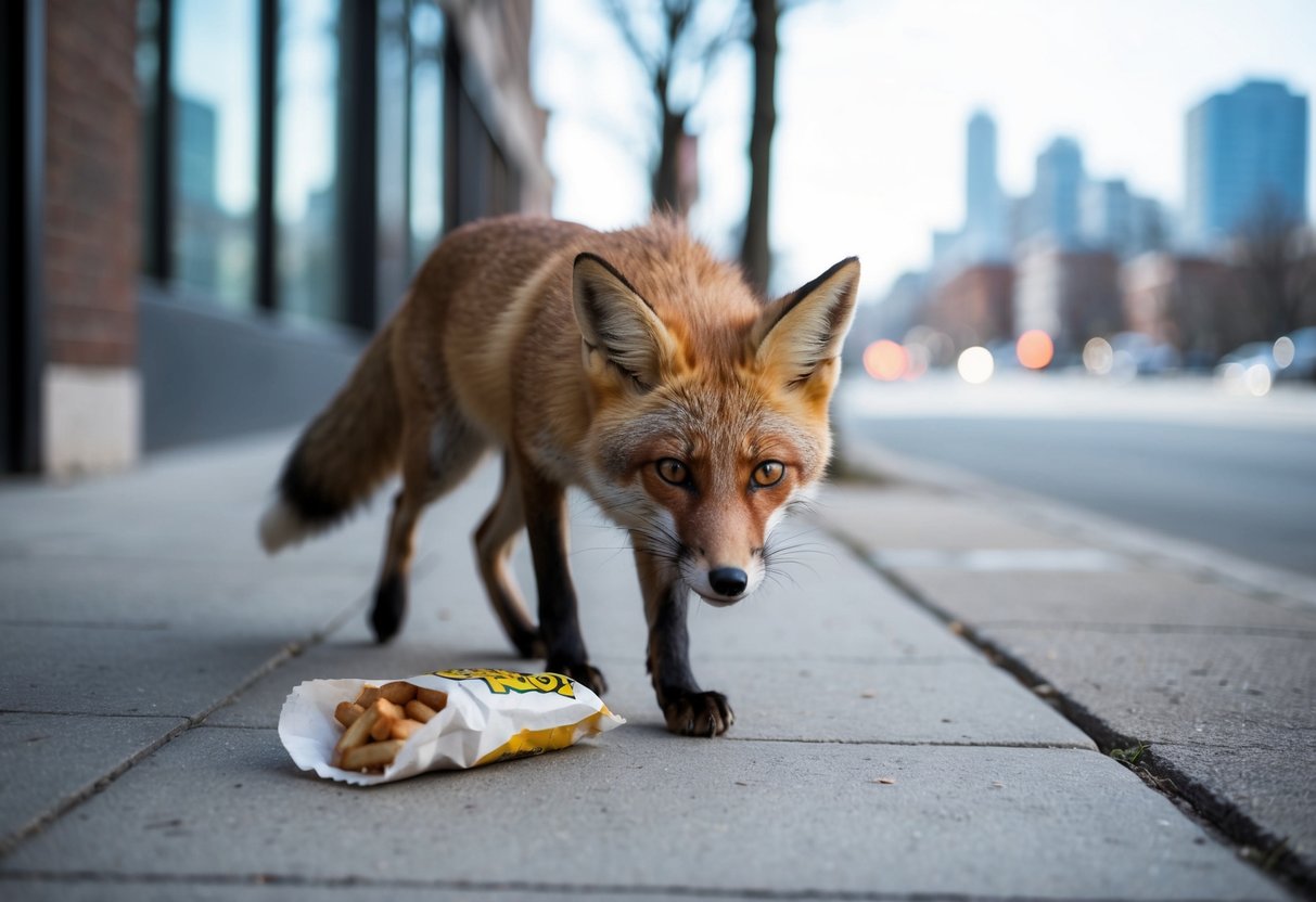 A fox cautiously approaches a city sidewalk, its eyes fixed on a discarded fast food wrapper. The urban landscape looms in the background, contrasting with the wild creature's presence