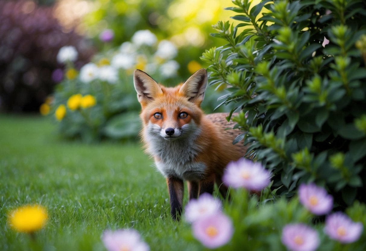 A lush garden with blooming flowers and a small fox peeking out from behind a bush