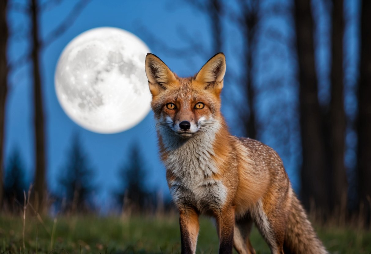 A fox stands alert in a moonlit forest clearing, its eyes gleaming with curiosity and intelligence