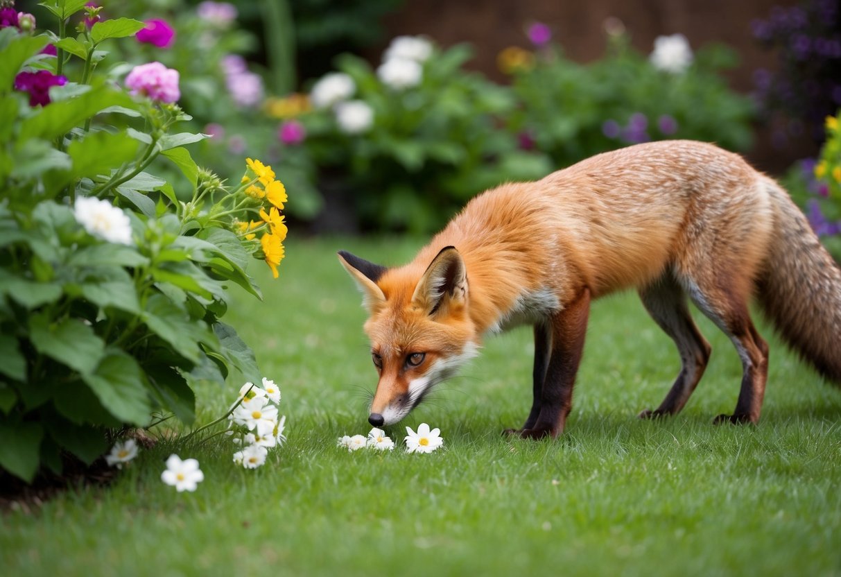 A fox exploring a lush garden, sniffing flowers and investigating potential hiding spots