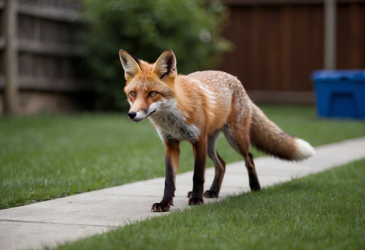 A fox cautiously approaches a backyard, ears perked and tail low