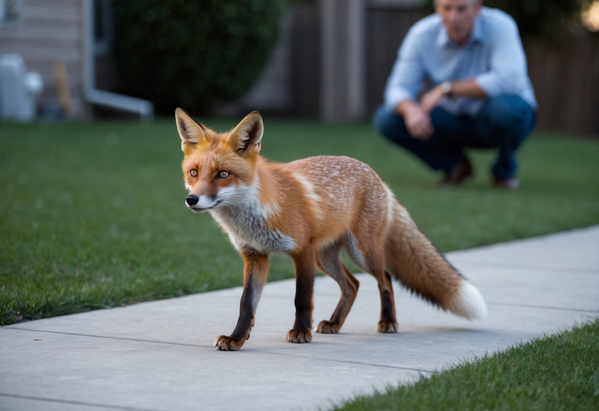 A fox cautiously approaches a suburban backyard, its eyes alert and ears perked up, while a concerned homeowner watches from a distance