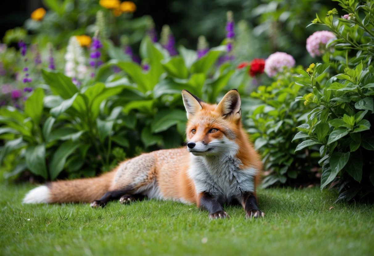 A fox lounges in a lush garden, surrounded by thriving plants and flowers. It looks content and at ease in its natural habitat